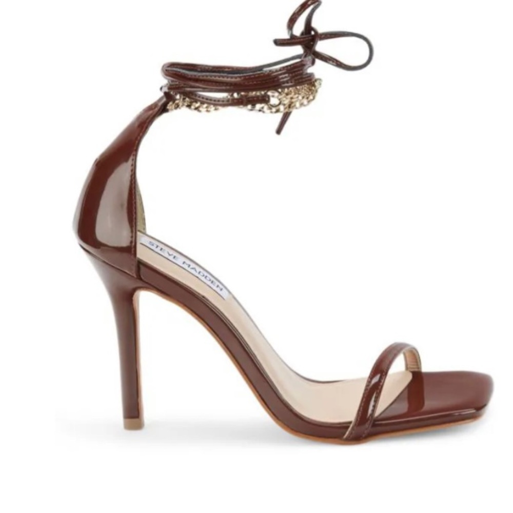 NWT Steve Madden Wister Chain Trim Ankle Tie Vegan Leather Sandals Sz 6.5 Cognac